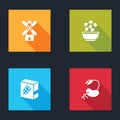Set Windmill, Seeds bowl, Flour pack and Sprout icon. Vector