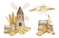 Set of Windmill tower on wheat field with flour sack, Crispy French baguettes in craft bag with bunch of spikelets of