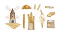 Set of Windmill tower on wheat field with flour sack, croissant, Crispy French baguettes in craft bag with bunch of