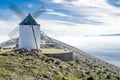 Set of windmills on top of Cerro Calderico with thick fog in the valley in Consuegra. December 26, 2018. Consuegra Toledo Castilla Royalty Free Stock Photo