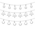 set of window and wall decorative elements, bulb, ball and star garland, black filled line vector decoration, string of