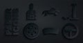 Set Windshield, Car air pump, Alloy wheel, Steering, Broken car and mechanic icon. Vector Royalty Free Stock Photo