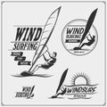 Set of windsurfing emblems, labels and badges. Surf design elements.