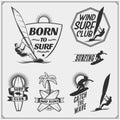 Set of windsurfing emblems, labels and badges. Surf design elements.