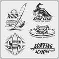 Set of windsurfing emblems, labels and badges. Surf design elements.