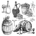 Set of wine bottle and barrel grapes