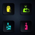 Set Wine bottle, Cocktail shaker, Beer and beer can and Whiskey glass. Black square button. Vector Royalty Free Stock Photo