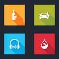 Set Wine bottle with glass, Electric car, Headphone and sound waves and Water drop percentage icon. Vector