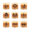 Set Wine bottle with glass, Giralda, Earrings, Gate of Europe, Spanish woman, Bottle olive oil, and Sun icon. Vector