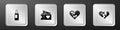 Set Wine bottle, Love ticket, Healed broken heart and Broken or divorce icon. Silver square button. Vector Royalty Free Stock Photo