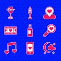 Set Wine bottle, Mobile with heart, Moon and stars, Search love, Music note, tone hearts, Play Video, Location and