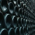 A set of wine bottles arranged in a winery