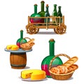 Set of wine bottles, cheese, bread,. Delicious food on barrel, in wooden trolley and wicker basket. Vector Royalty Free Stock Photo