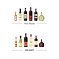 Set of wine bottles in flat. flat wine bottles. Different kinds of wine bottles.