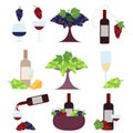 A set of wine bottles and glasses combined with green, red grapes and cheese. Vector set isolated on a white background Royalty Free Stock Photo