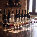 Set of wine bottles and glasses filled with red white and rose wines on wooden table in winery interior. Illustration of wine Royalty Free Stock Photo