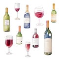 Set of wine bottles and glasses. Watercolor illustration on white background Royalty Free Stock Photo