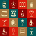 Set Wine glass, Bottle of vodka with, Shot, Glass whiskey, Beer can and bottle icon. Vector Royalty Free Stock Photo