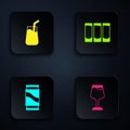 Set Wine glass, Cocktail, Beer can and Shot. Black square button. Vector