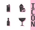 Set Wine glass, Cocktail Bloody Mary, Champagne bottle and shaker icon. Vector Royalty Free Stock Photo