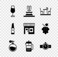 Set Wine glass, Fountain, French cafe, Perfume, press, Wrist watch, Lipstick and Coffee shop icon. Vector Royalty Free Stock Photo