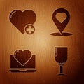 Set Wine glass, Heart, Laptop with heart and Map pointer with heart on wooden background. Vector Royalty Free Stock Photo