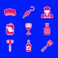 Set Wine glass, Ketchup bottle, Spatula, Sauce, Kitchen hammer, Soda can, Cook and Grilled pork bbq ribs icon. Vector