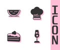 Set Wine glass, Watermelon, Piece of cake and Chef hat icon. Vector