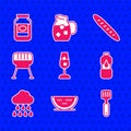 Set Wine glass, Watermelon, Spatula, Bottle of water, Cloud with rain, Barbecue grill, French baguette bread and Jam jar