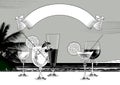 Set of wine glasses of different sizes and shapes with wines and cocktails against a sea background and ribbon banner