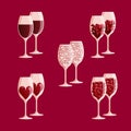 Set of wine glasses with red hearts inside, vector illustration, love concept. Royalty Free Stock Photo