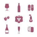 Set of wine icons. It includes such characters as a bottle of wine, champagne, glasses, sausages, cheese, fruit. Royalty Free Stock Photo