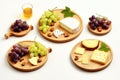 A set of wine snacks on wooden trays. Cheese, grapes, nuts and a glass of wine. In a realistic style. AI Generated.
