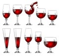 Set of wineglasses of different sizes and shapes with red wine.