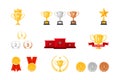 set of winner award and achievement elements. Trophy cup, stage podium, and medals design