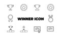 Set of Winner medal. Victory icons. Award line icons. Reward, Certificate design. Glory shield, Prize winner, and rank star. flat