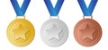 Set of winner medals with blue ribbon, vector image Royalty Free Stock Photo