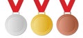 Set of winner medals with red ribbon, vector image Royalty Free Stock Photo