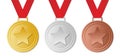 Set of winner medals with red ribbon, vector image Royalty Free Stock Photo