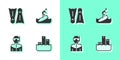 Set Winner podium, Flippers for swimming, Wetsuit scuba diving and Surfboard icon. Vector