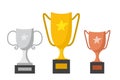 A set of winners cups in three colors. Gold, silver and bronze. Vector illustration in a flat style. Royalty Free Stock Photo