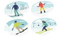 set of Winter activities. Vector illustration of happy cartoon skiers people snowboarders, in winter landscape. Isolated