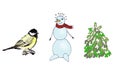 Set of winter characters snowman bird titmouse and christmas tree, graphic color sketch isolated on white background