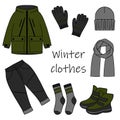 Set of winter clothes in doodle style. A collection of hand drawn sketches with boots, socks, gloves, scarf, jacket and hat. Royalty Free Stock Photo