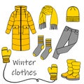 Set of winter clothes in doodle style. A collection of hand-drawn sketches with boots, socks, mittens, scarf, coat and hat. Vector Royalty Free Stock Photo