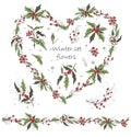A set of winter flowers Holly isolated on a white background. realistic hand-drawn compositions of bouquets. colorful ornaments