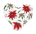 Set of winter flowers poinsettia, white mistletoe, Holly in the shape of a heart. realistic hand-drawn bouquets, colorful