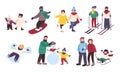 Set of winter games. Different people entertainment in winter sports. Friends, couples with children skate, ski