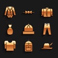 Set Winter hat, Backpack, Oktoberfest, Pants, Long sleeve shirt, Woman dress, T-shirt and Blazer or jacket icon. Vector