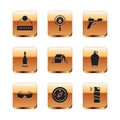 Set Winter hat, Glasses, Compass, Tourist tent, Bullet, Pistol or gun, Pepper spray and Paw search icon. Vector